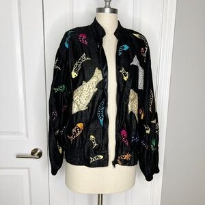 Vintage JA Resort Embroidered Black Silk Bomber Jacket Fish Sequins Sz Medium